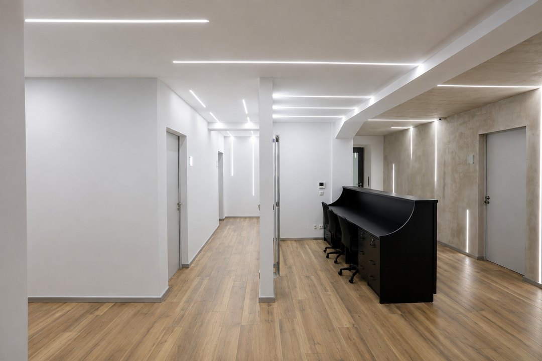 Empfangsbereich mit dunklem Tresen, Arbeitsplätzen und umlaufenden LED-Lichtlinien