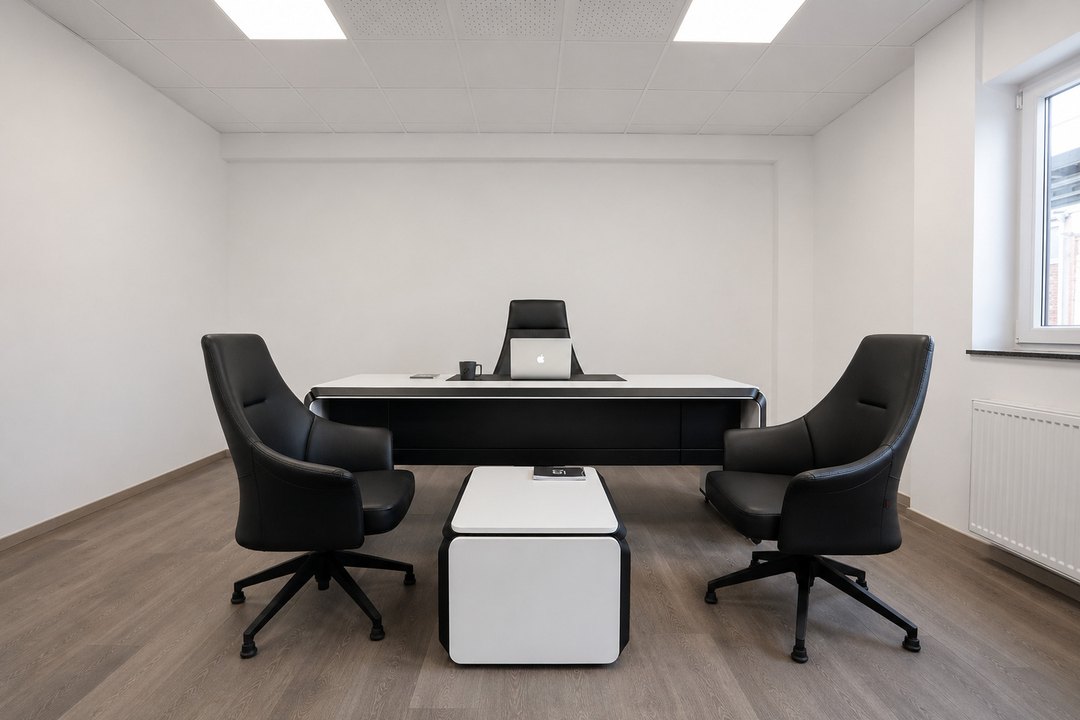 Büro mit freistehendem Schreibtisch, zwei Besuchersesseln und Beistelltisch