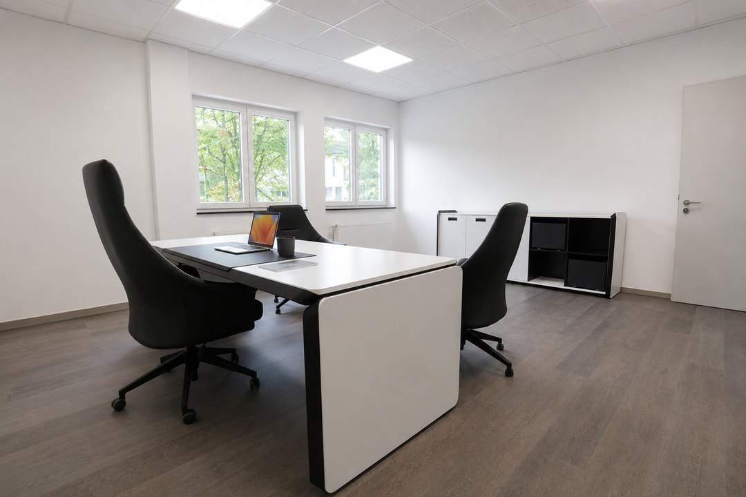 Helles Büro mit zwei Fenstern, Schreibtisch und Sideboards an der Wand