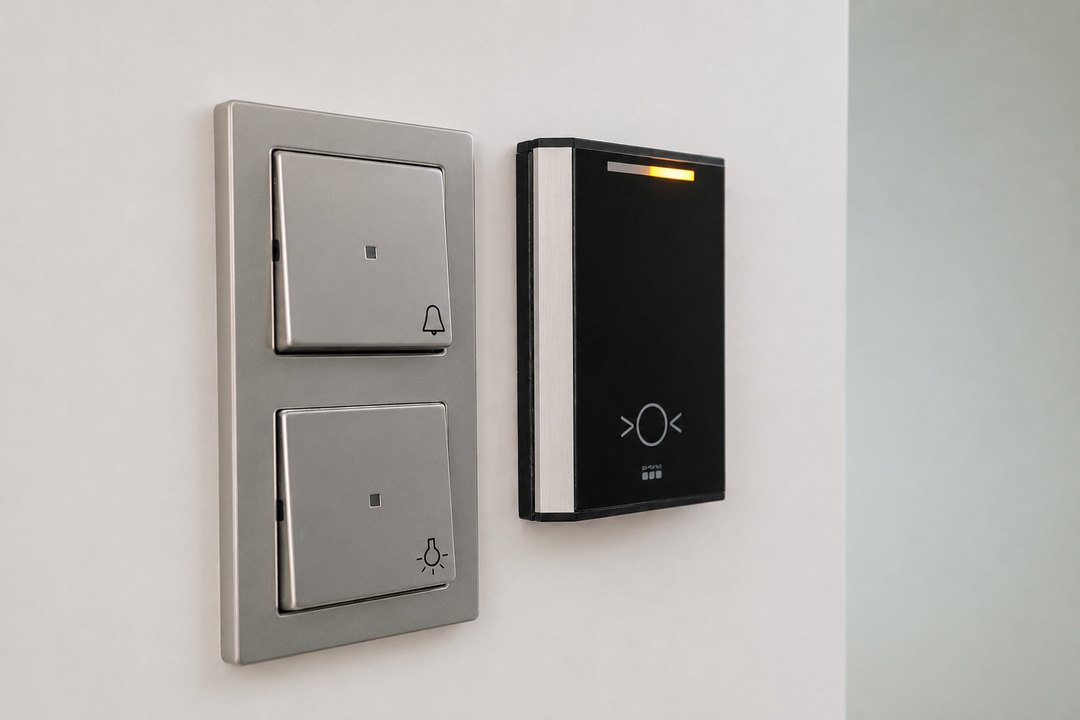 Lichtschalter und Zutrittsterminal in Edelstahl an der Wand